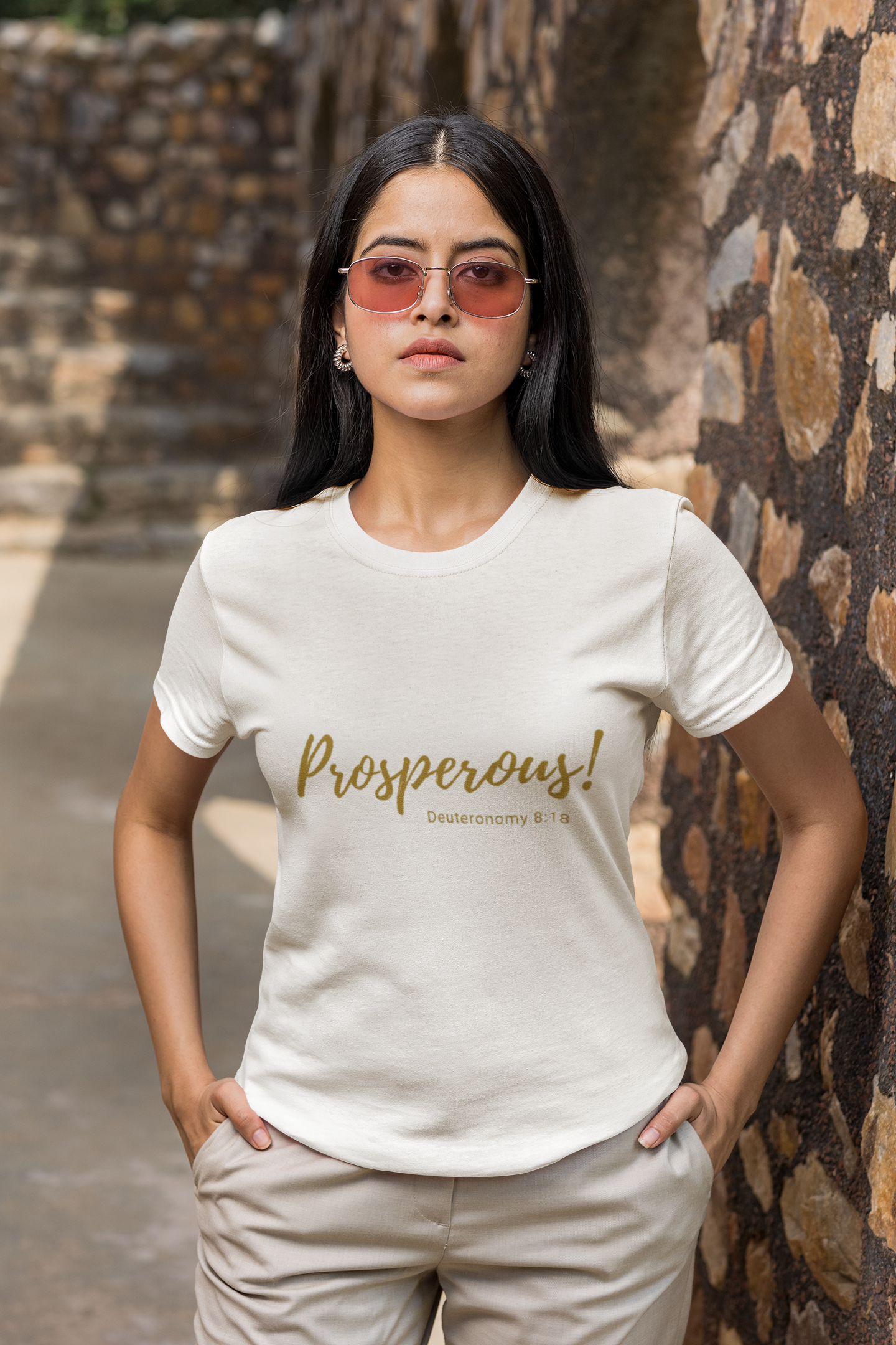 Deuteronomy 8:18 Prosperous t-shirt, White, on a girl