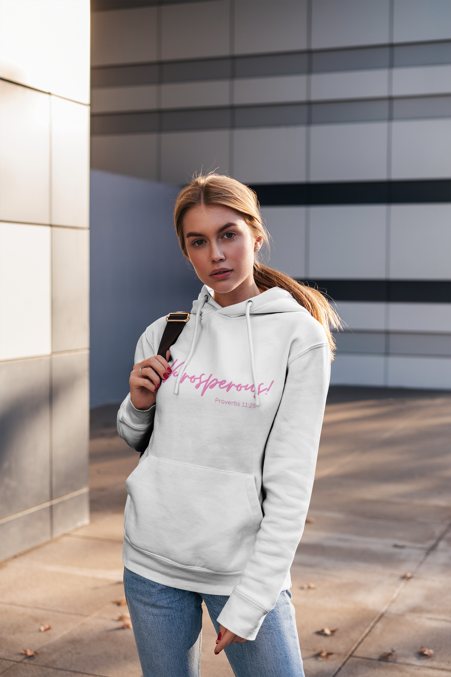Prosperous Proverbs 11:25 Classic Hoodie Sweatshirt, White, with Pink