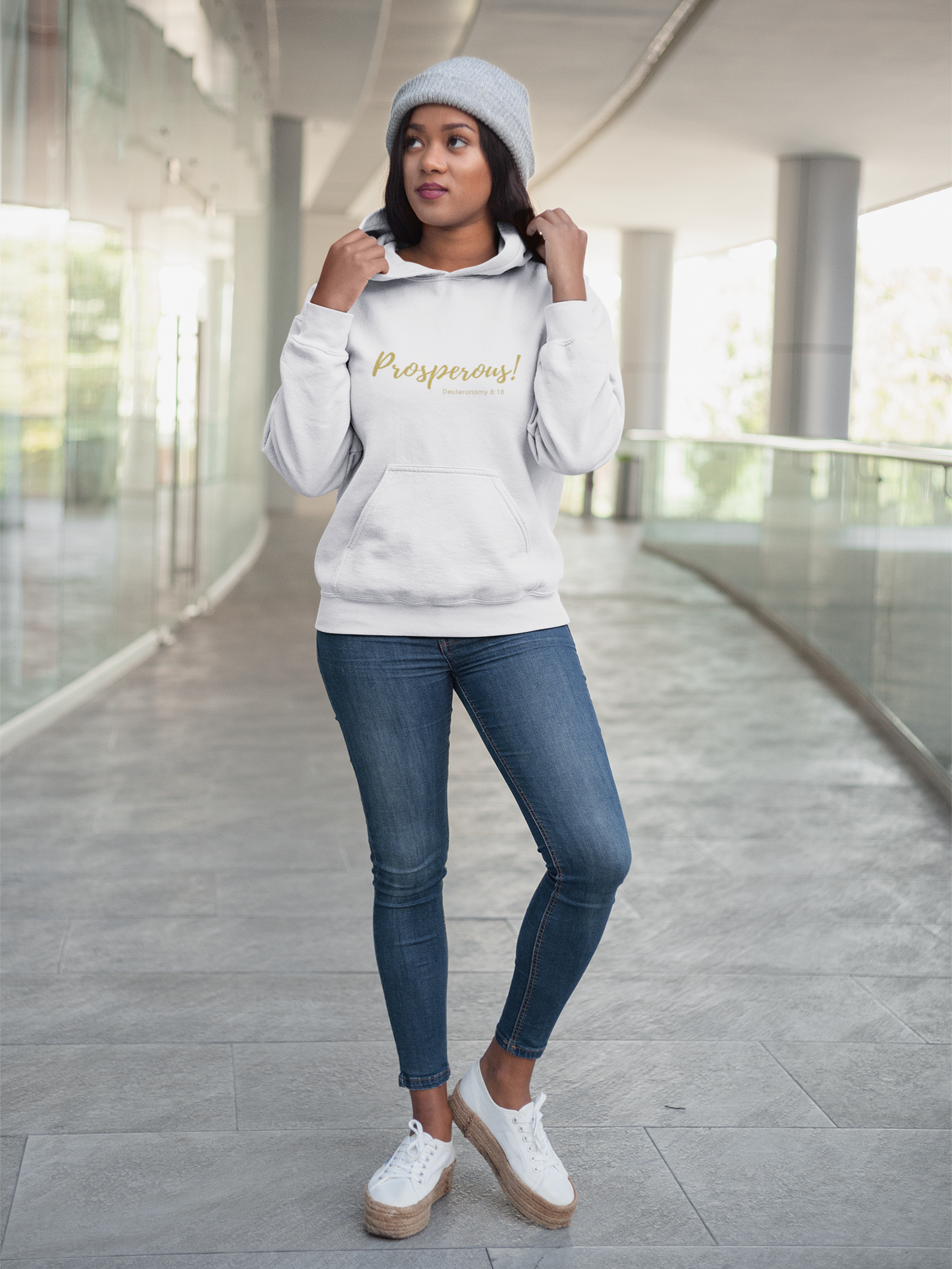 Prosperous Deuteronomy 8:18 Classic Hoodie Sweatshirt, White, with Gold