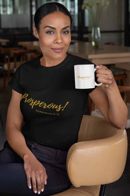 Deuteronomy 8:18 Prosperous t-shirt, Black, on girl 