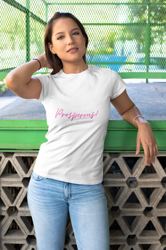 Proverbs 11:25 Prosperous T-Shirt, White on a girl